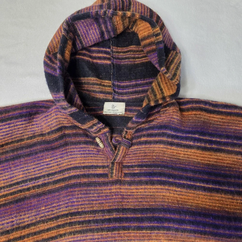 Ark Imports Soft‎ Striped Hooded Poncho Cape Warm Kangaroo Pouch Made In Nepal